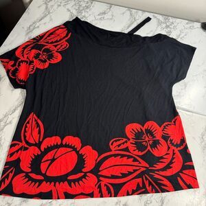 Sophie Theallet for Cacique Tunic Top‎ 18 20 Black Red Floral One Shoulder